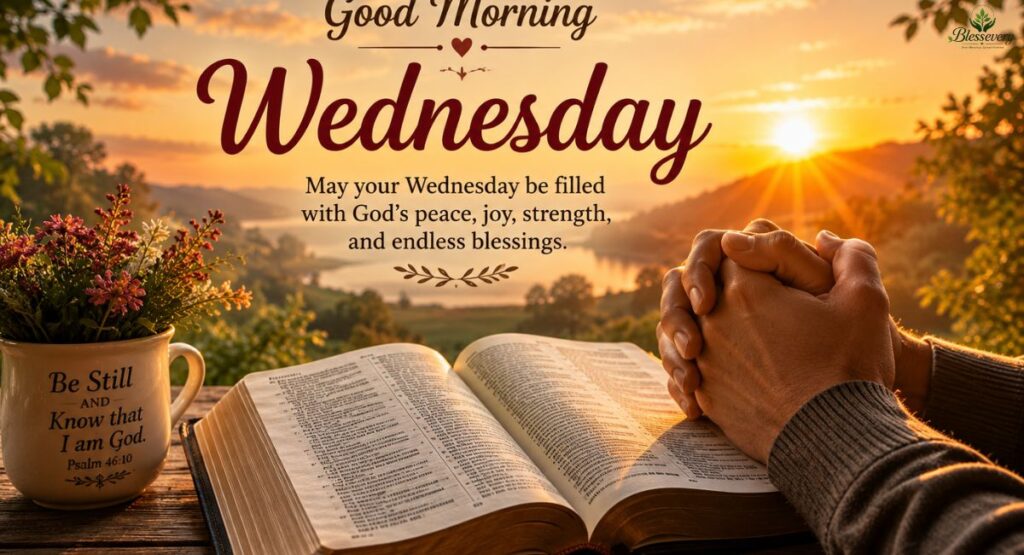 Peaceful Wednesday morning prayer with Bible and sunrise