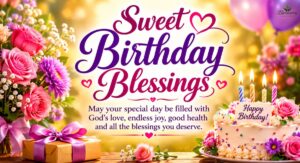Sweet Birthday Blessings image with beautiful flowers, birthday cake, candles, balloons, gift box, and an inspirational birthday blessing message.