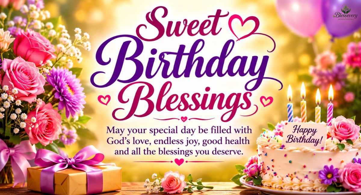 Sweet Birthday Blessings image with beautiful flowers, birthday cake, candles, balloons, gift box, and an inspirational birthday blessing message.