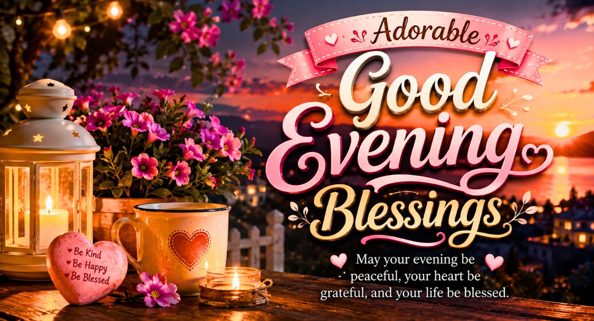 Adorable Good Evening Blessings image with a peaceful sunset, glowing candles, flowers, and an inspiring evening blessing message.
