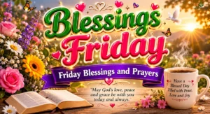 Friday Blessings and Prayers with sunrise, Bible, and flowers