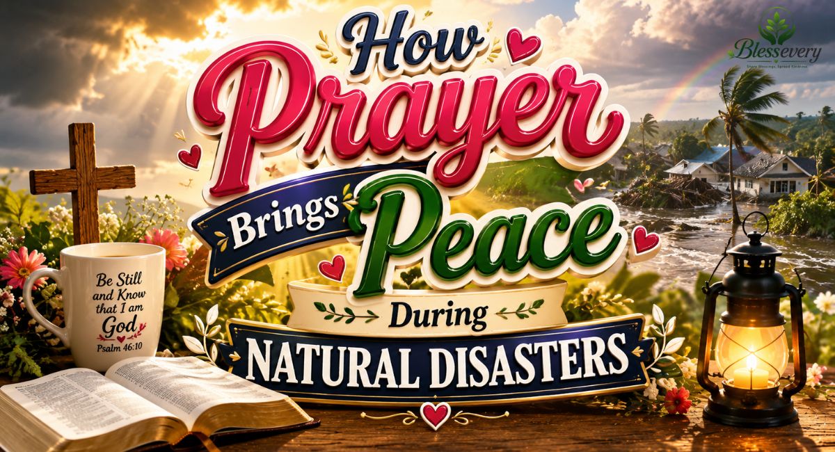 How Prayer Brings Peace During Natural Disasters with Bible, cross, lantern, rainbow, and storm scene showing God's peace and hope.