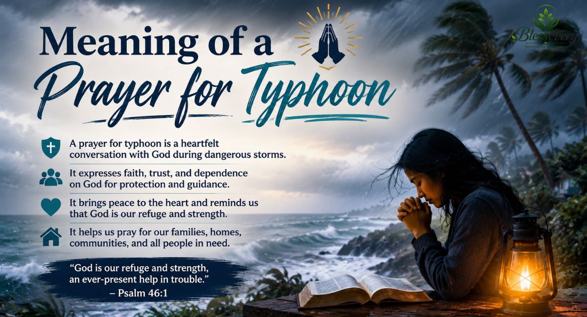 Meaning of a Prayer for Typhoon with a Christian praying during a storm, Bible, lantern, and God's protection.