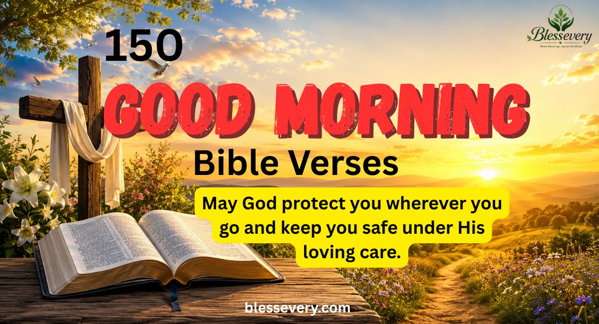 Open Holy Bible beside a wooden cross at sunrise with golden light over a peaceful meadow, symbolizing good morning Bible verses, blessings,