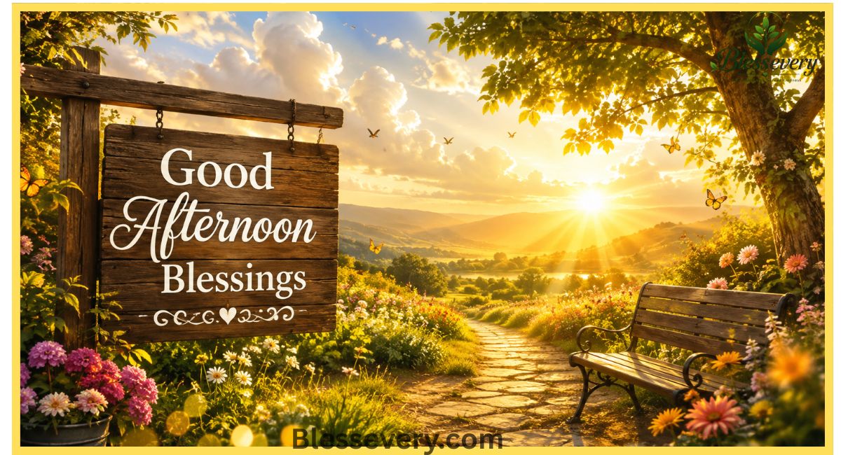 Beautiful Good Afternoon Blessings Images with golden sunshine, flowers, peaceful garden, wooden bench, and inspirational wooden sign.