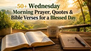 Wednesday morning prayer with an open Bible, warm sunrise, coffee, and peaceful greenery