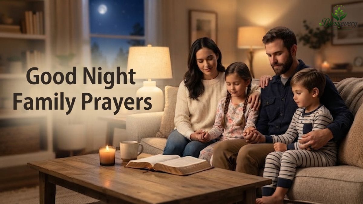 A warm and peaceful family praying together in a cozy living room at bedtime with an open Bible on the table, symbolizing Christian good night family prayers.