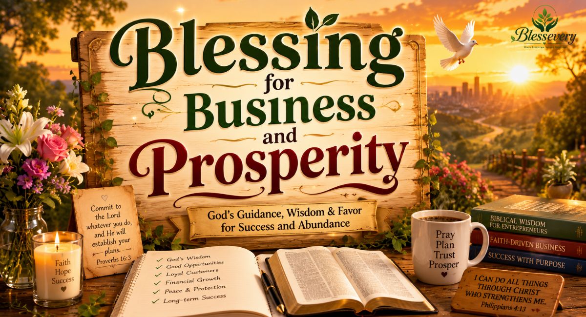 Inspirational blessing for business and prosperity featuring a sunrise, Bible, business planner, coffee mug, dove, and prayer for God's guidance, success, wisdom, and financial abundance.
