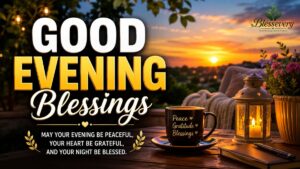 Good Evening Blessings with a peaceful sunset, warm lantern, and inspirational message