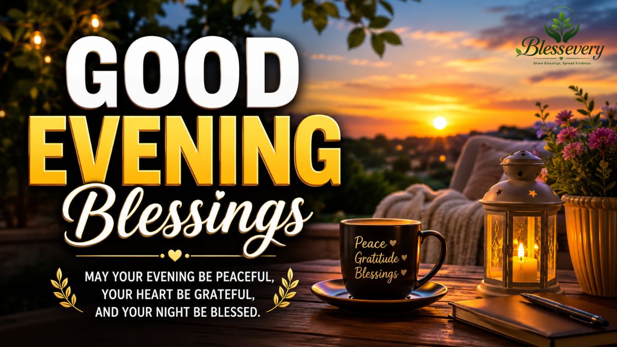 Good Evening Blessings with a peaceful sunset, warm lantern, and inspirational message