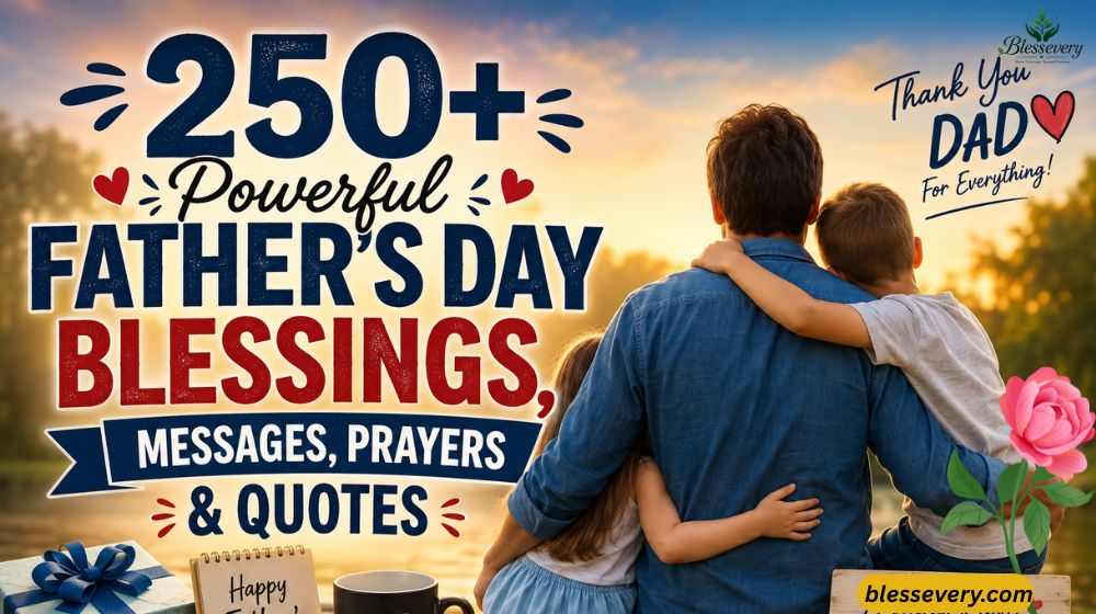 Happy Father's Day featured image with a loving father and two children at sunset, celebrating 250+ Father's Day blessings, messages, prayers, and quotes.