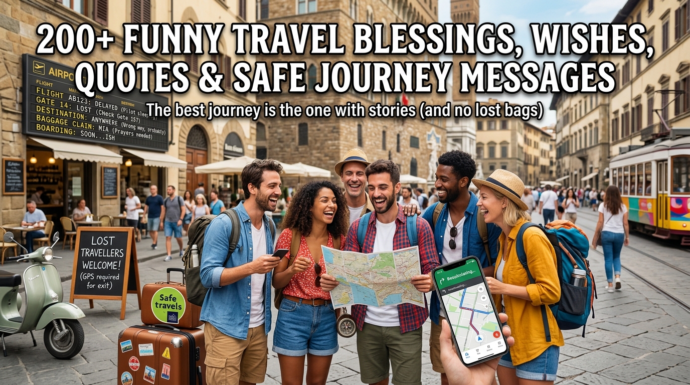 Group of happy diverse friends looking at a paper map and phone navigation with funny travel quotes banner background