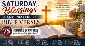 Saturday Blessings and Prayers Bible Verses featuring an open Bible, sunrise, cross, and inspiring Scriptures for a peaceful weekend with God's blessings, hope, and prayer.