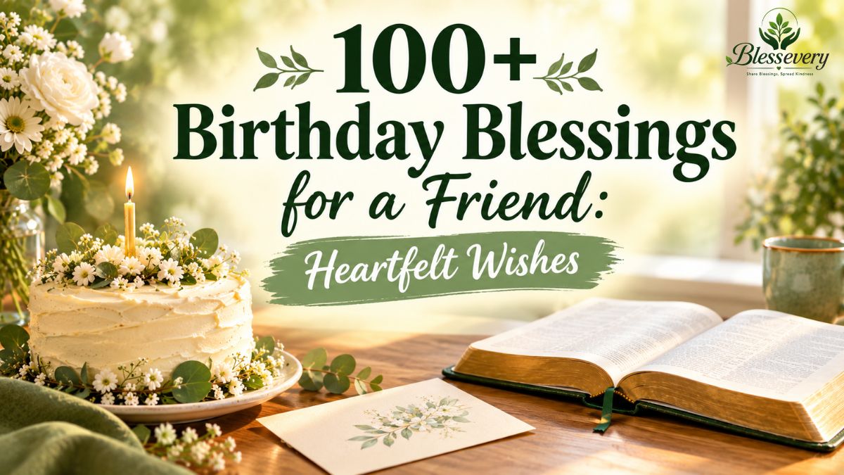 100+ birthday blessings for a friend with heartfelt Christian birthday wishes, cake, Bible, flowers, and candle