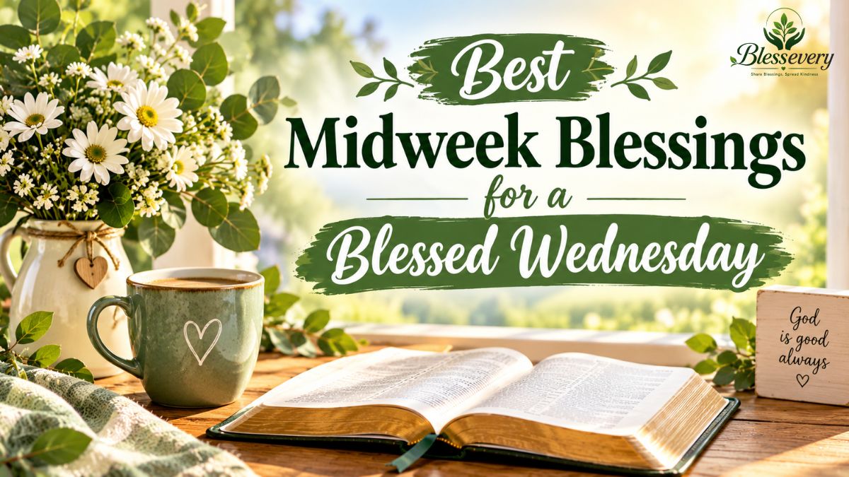 Best midweek blessings for a blessed Wednesday with Bible, flowers, and coffee