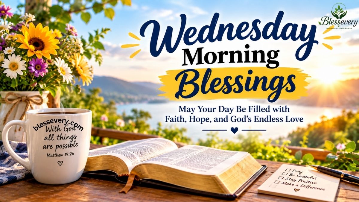 Wednesday Morning Blessings with Bible, flowers, and sunrise