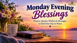 Monday evening blessings with a peaceful sunset, Bible, flowers, and inspirational message.