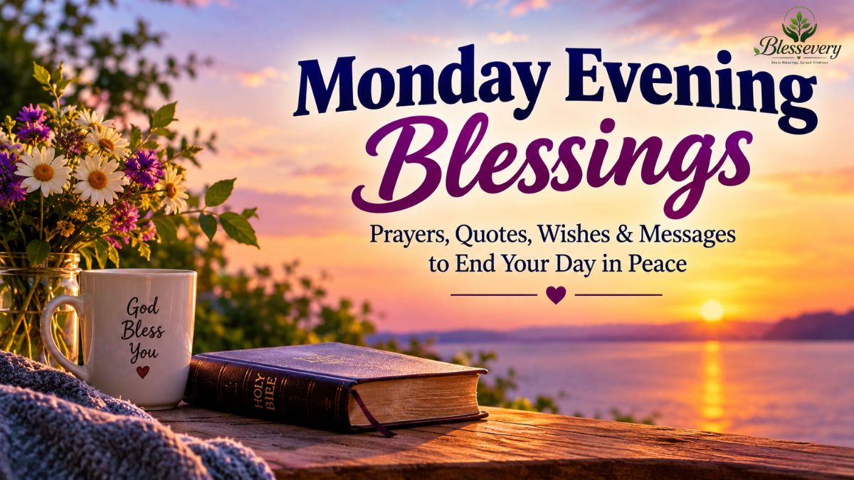 Monday evening blessings with a peaceful sunset, Bible, flowers, and inspirational message.