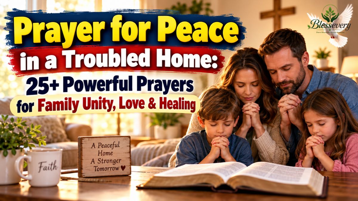 Christian family praying together around an open Bible for peace, love, healing, and unity in a troubled home.