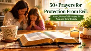 Mother and daughter praying for protection from evil beside an open Bible at a kitchen table.