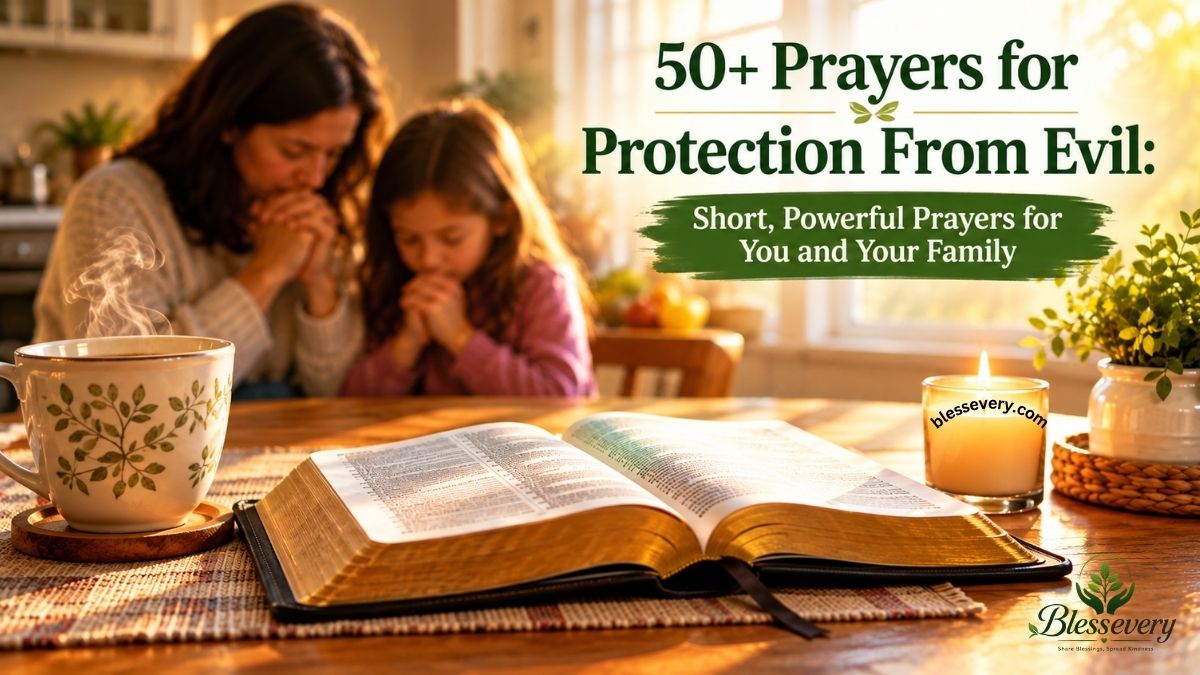 Mother and daughter praying for protection from evil beside an open Bible at a kitchen table.