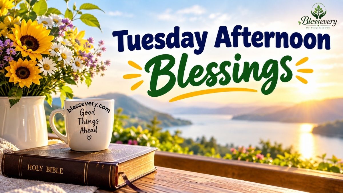 Tuesday afternoon blessings with flowers, Bible, coffee, and a peaceful lake view